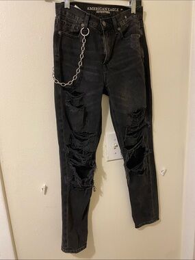 American Eagle Outfitters Black Distressed Skinny Jeans with Chain